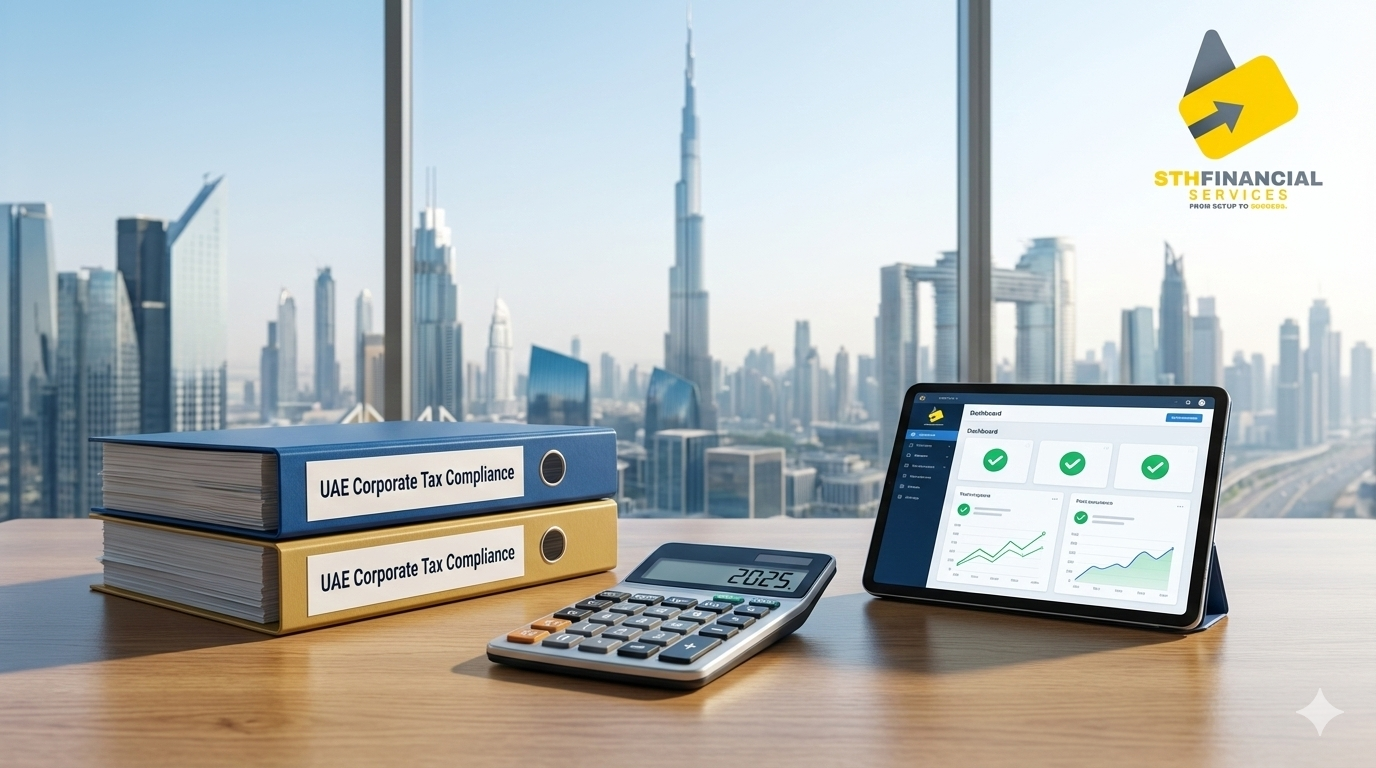Professional office desk in Dubai with corporate tax filing documents and EmaraTax portal dashboard, representing UAE tax compliance 2025.