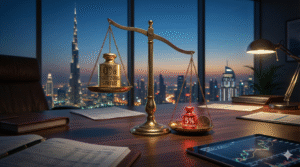 Brass balance scale in a Dubai office showing the 5% De Minimis threshold risk for UAE Free Zone corporate tax status.