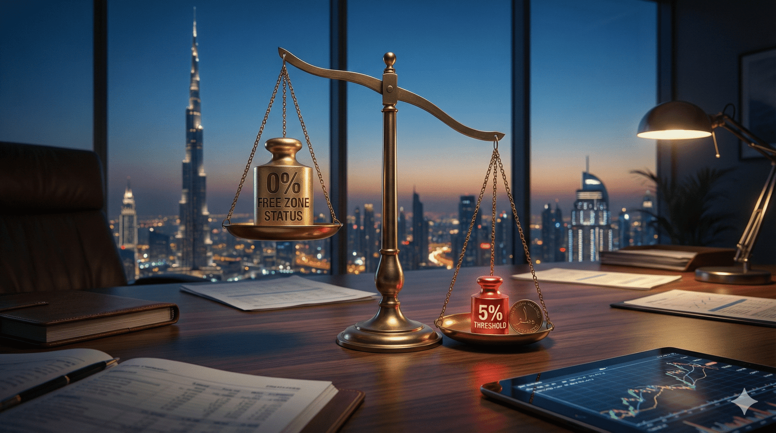 Brass balance scale in a Dubai office showing the 5% De Minimis threshold risk for UAE Free Zone corporate tax status.