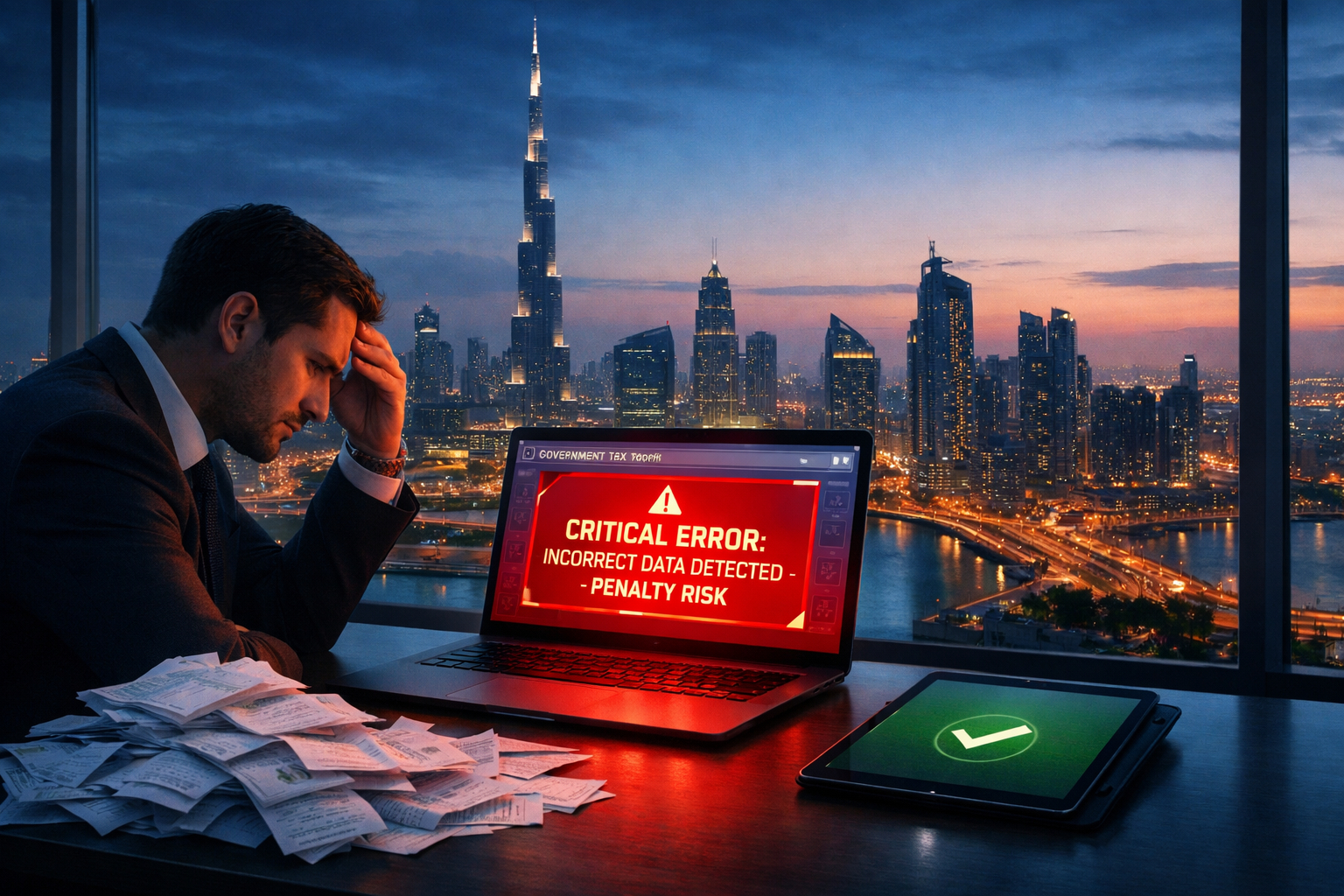 An anxious business owner in a Dubai office viewing a corporate tax penalty warning on a laptop, symbolizing the risks of incorrect DIY corporate tax filing in the UAE.