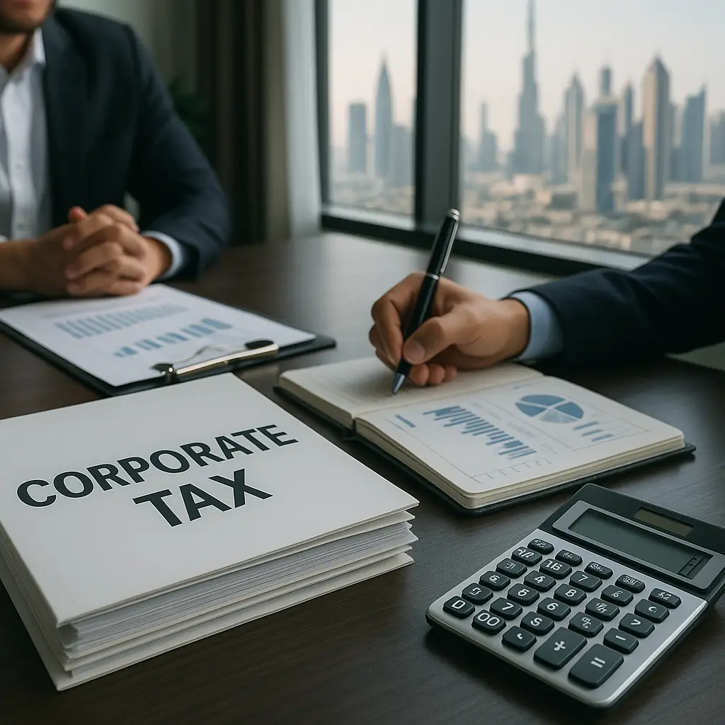 Corporate tax documents, calculator, charts, and businesspeople meeting near a city office window.