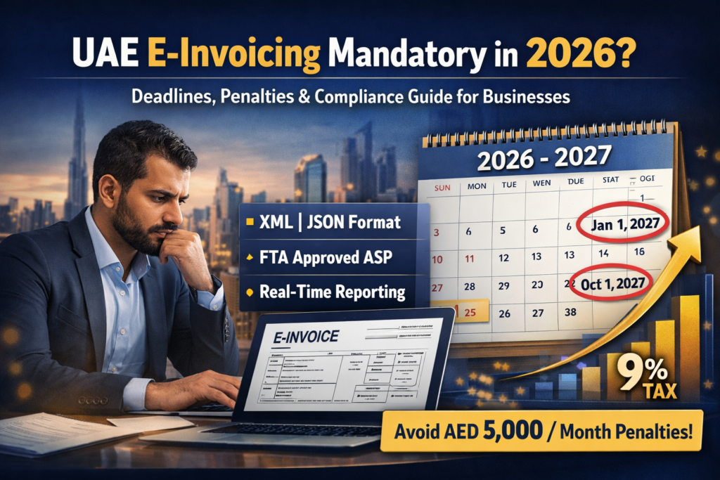 UAE e-invoicing mandatory 2026 banner showing business owner reviewing digital invoice, highlighting XML and JSON formats, FTA-approved ASP, real-time reporting, key deadlines in 2027, 9% tax indicator, and warning about AED 5,000 monthly penalties.