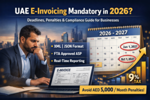 UAE e-invoicing mandatory 2026 banner showing business owner reviewing digital invoice, highlighting XML and JSON formats, FTA-approved ASP, real-time reporting, key deadlines in 2027, 9% tax indicator, and warning about AED 5,000 monthly penalties.
