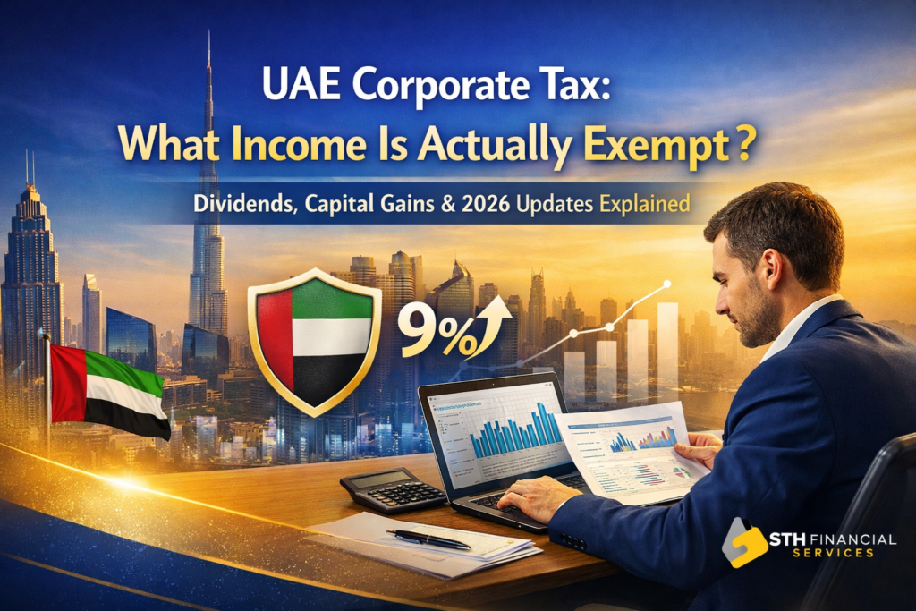 UAE corporate tax exempt income guide with Dubai skyline and financial analysis