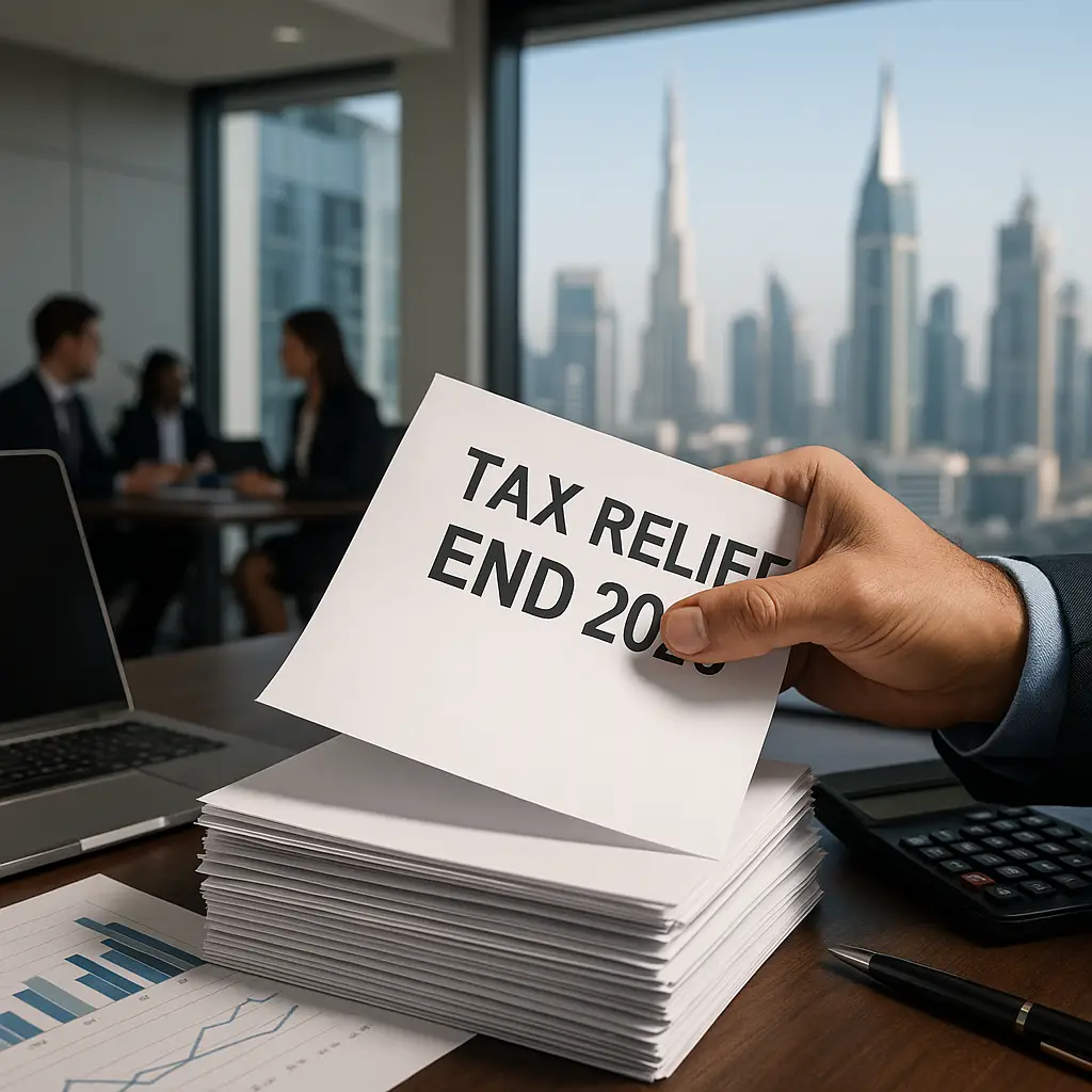 Hand holding a tax relief notice over financial documents with office meeting and city skyline behind.