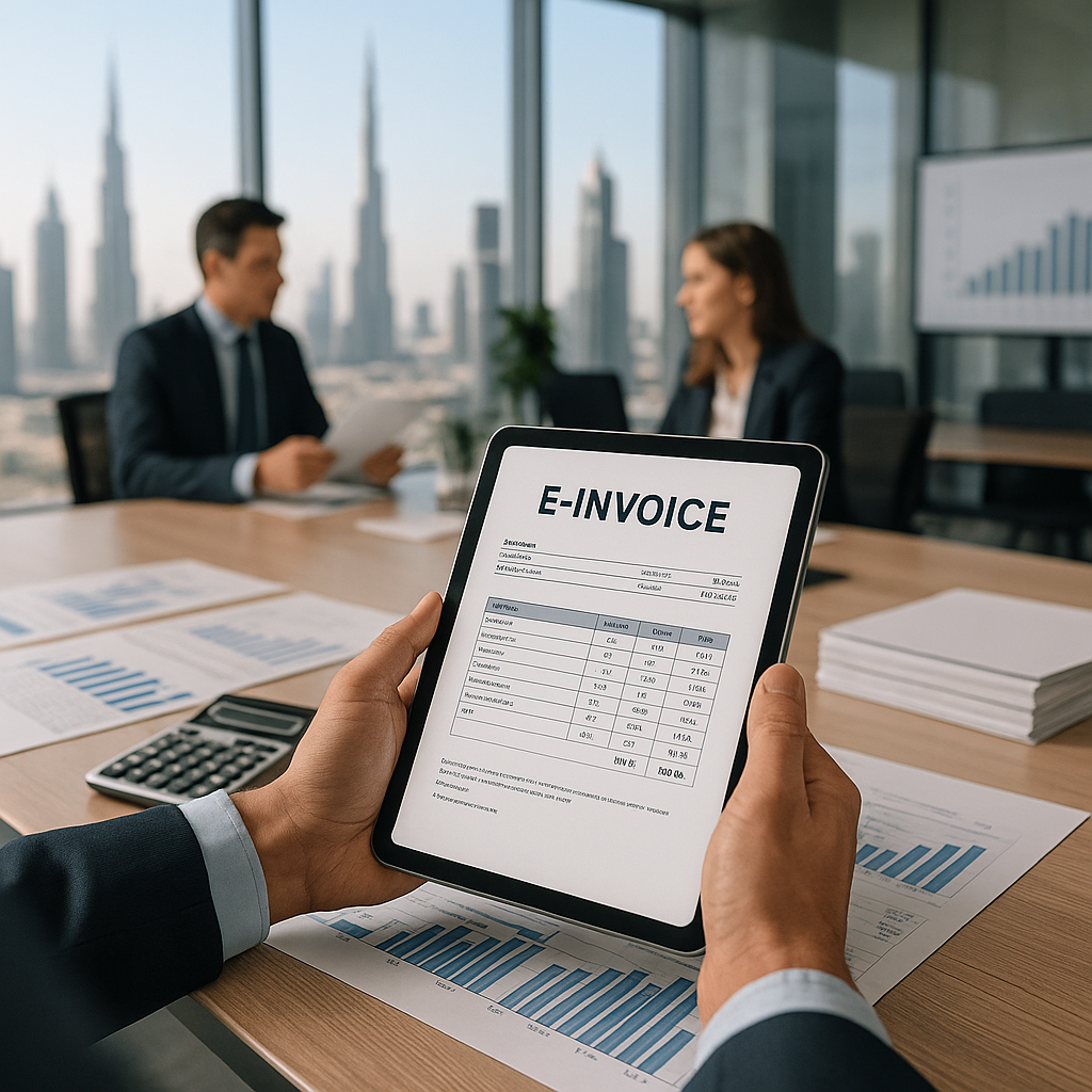 Hands holding a tablet with an e-invoice in a business meeting room.