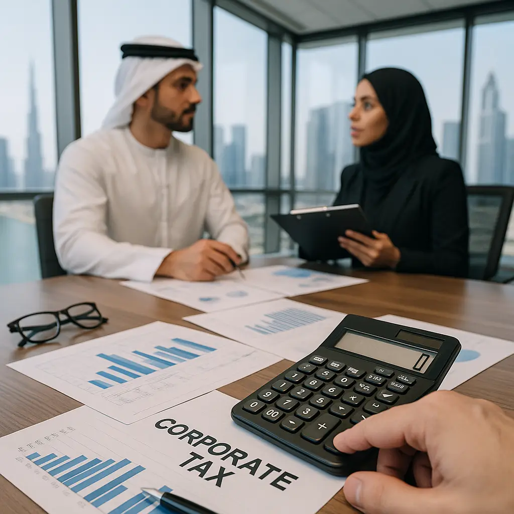 Businesspeople review corporate tax documents with charts and a calculator in an office.