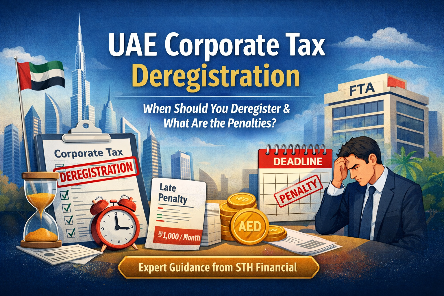 UAE Corporate Tax Deregistration guide showing deadlines, penalties, and FTA compliance process for businesses