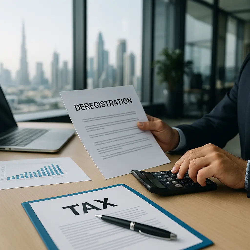 Person holding a deregistration form and using a calculator beside tax documents in an office.