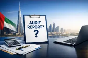 Clipboard labeled Audit Report with calculator, laptop, UAE flag, and Dubai skyline in the background.