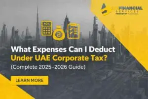 Dubai skyline graphic with UAE corporate tax deduction text, calculator, coin, and checklist icons.