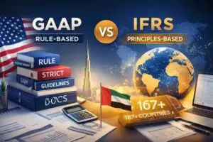 Graphic comparing GAAP and IFRS with UAE flag, books, calculator, and documents.