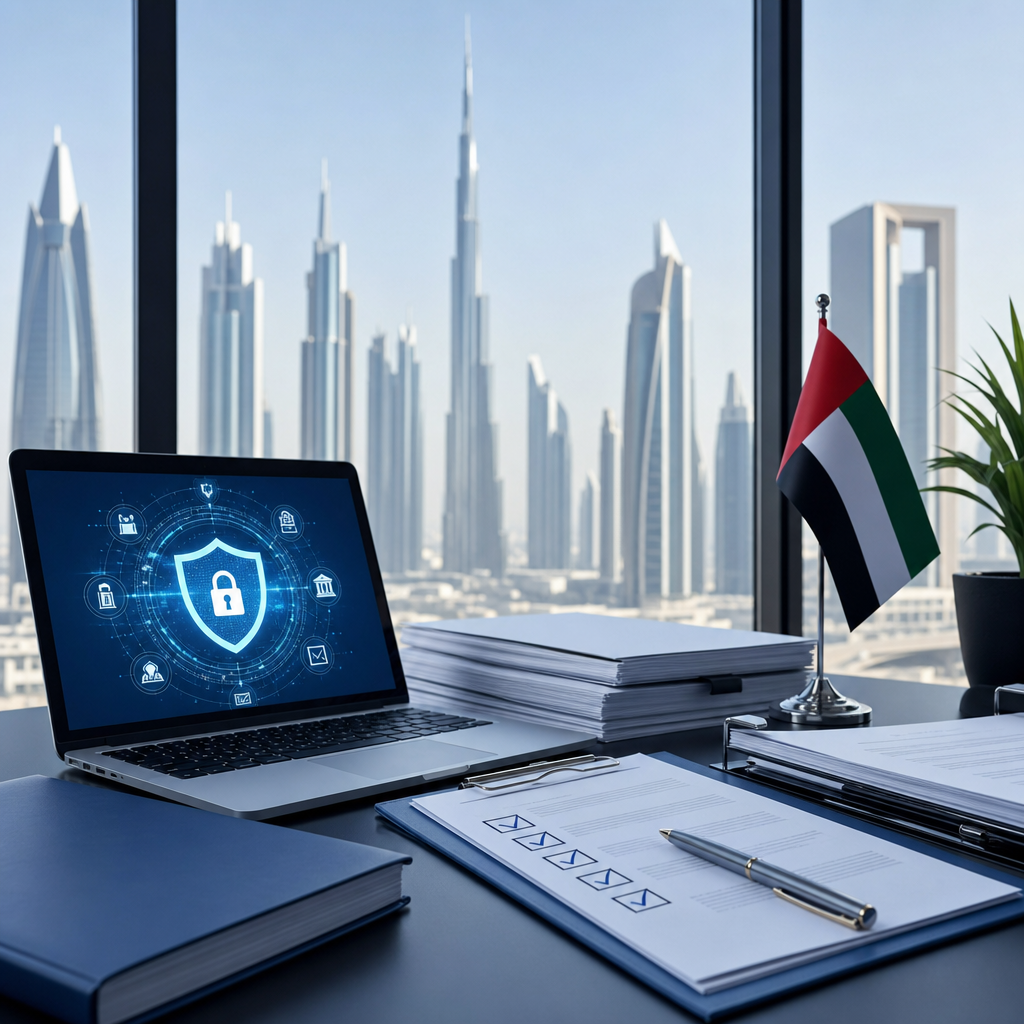 Laptop security screen beside compliance documents, UAE flag, and Dubai skyline.