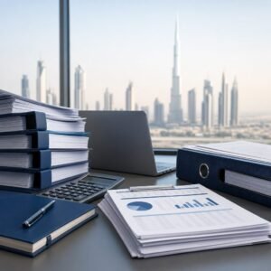 Binders, calculator, reports, and laptop on an office desk with Dubai skyline in the background.