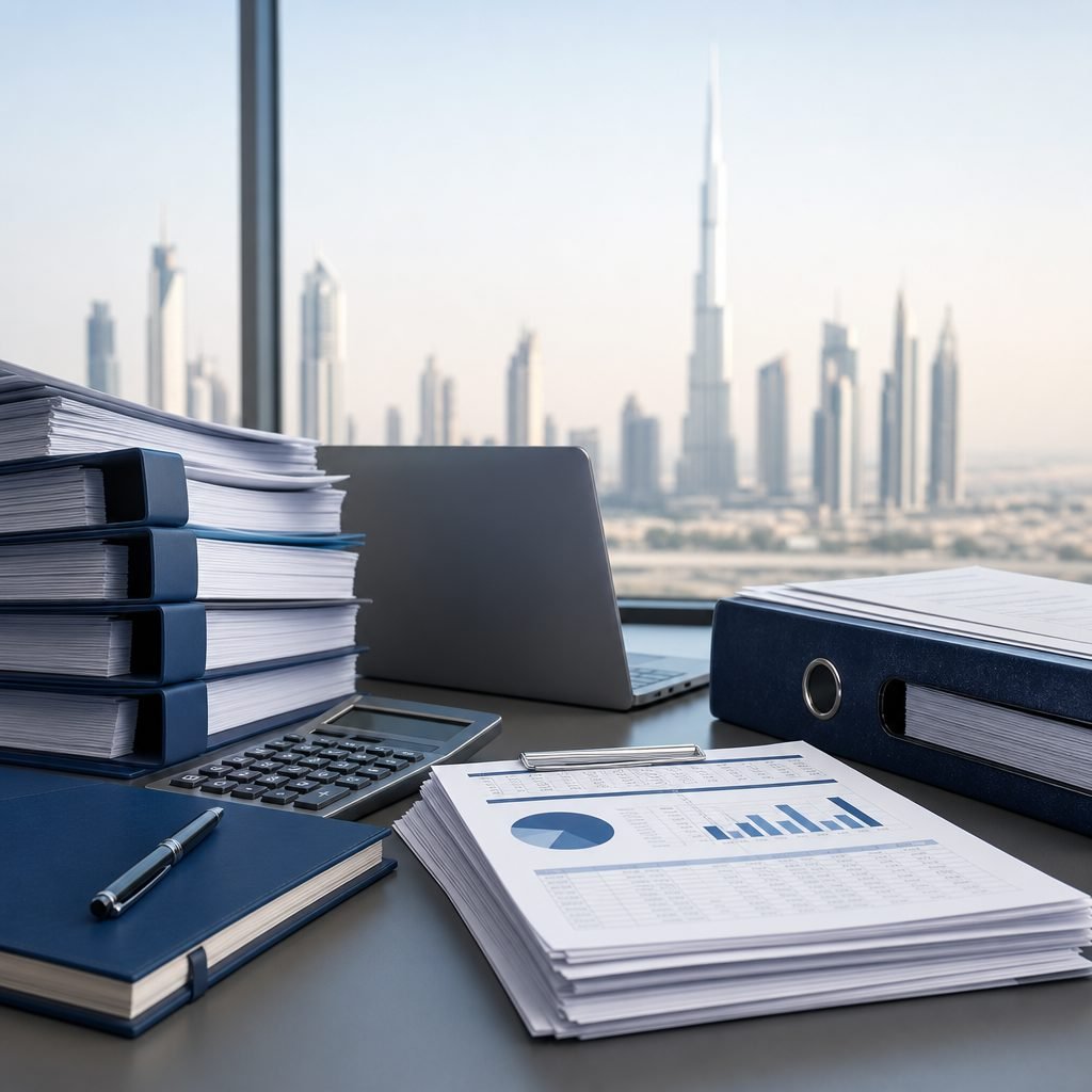 Binders, calculator, reports, and laptop on an office desk with Dubai skyline in the background.