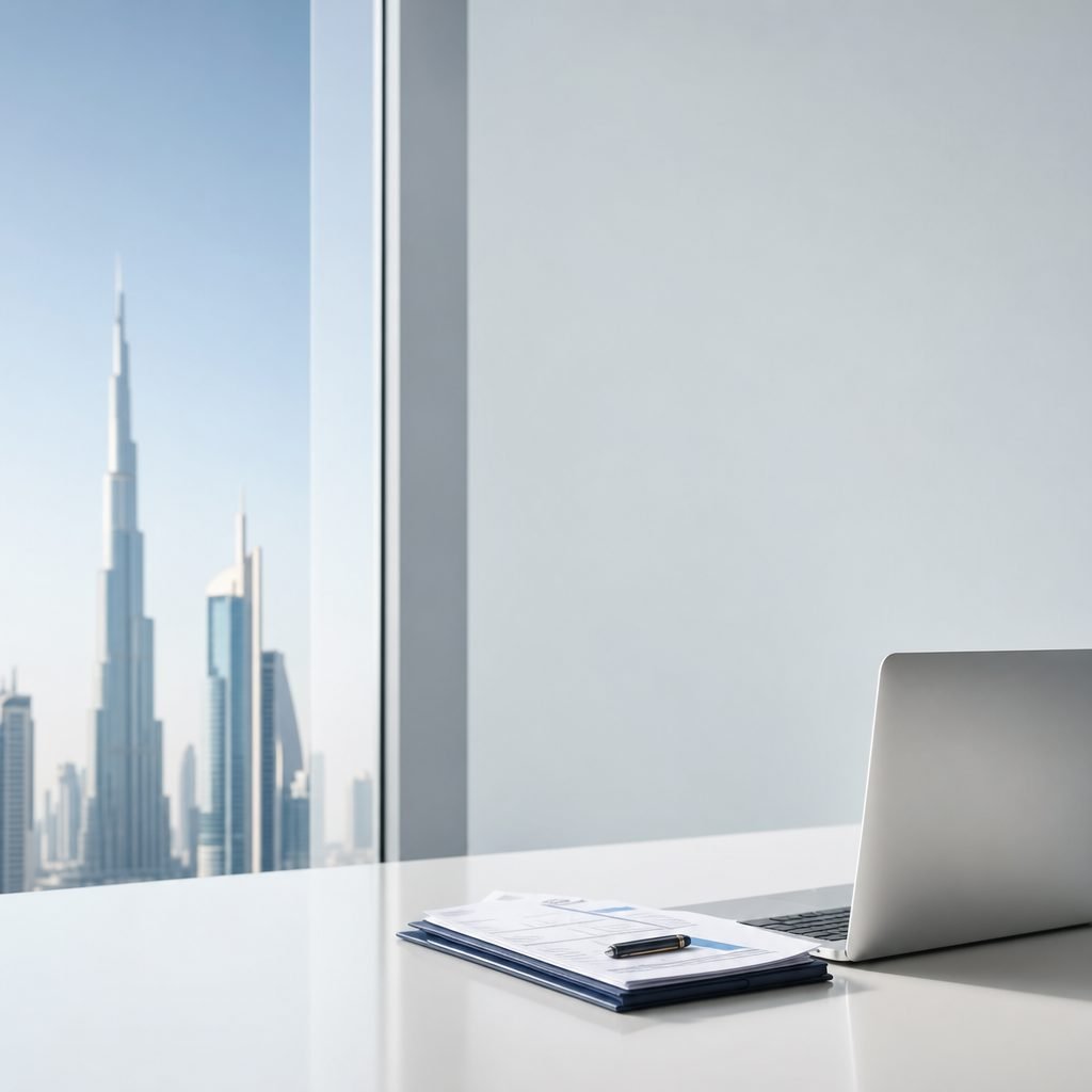 Modern Dubai office overlooking the Burj Khalifa and city skyline, representing step-by-step VAT registration support for new UAE businesses.